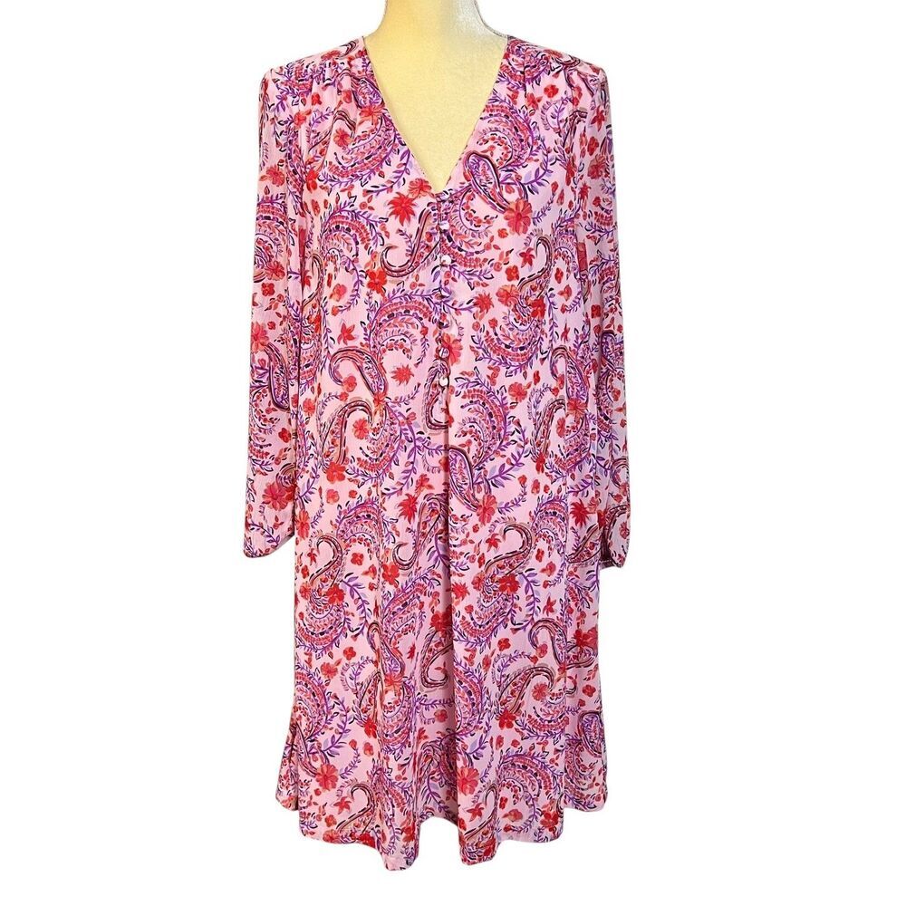 Lands End Shift Dress Pink Paisley Floral V-Neck Long Sleeve 14P Petite Belted
